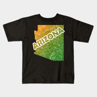 Colorful mandala art map of Arizona with text in green and orange Kids T-Shirt